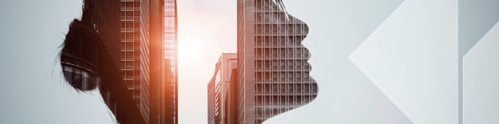 Head silhouette and innovative buildings