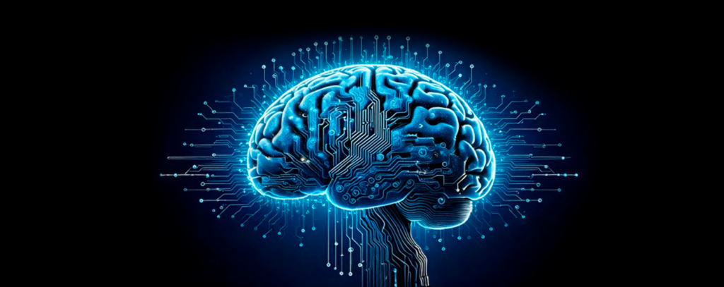 Digital brain merging with circuitry and data streams, symbolizing the core principles of AI, machine learning, and advanced computing.